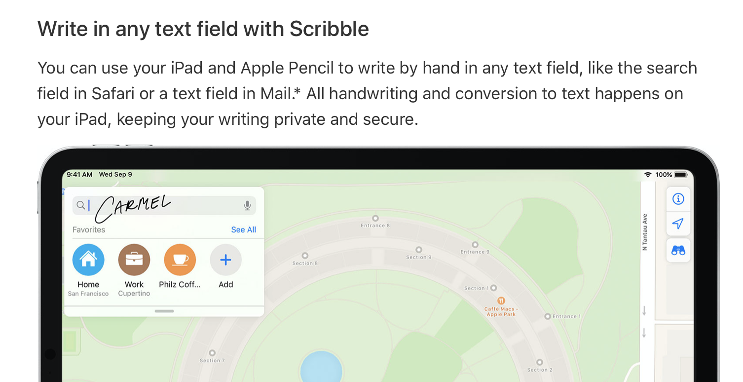 screenshot of 'Write in any text field with Scribble' section of Apple page,
showing 'Carmel' scrawled into Apple Maps search box