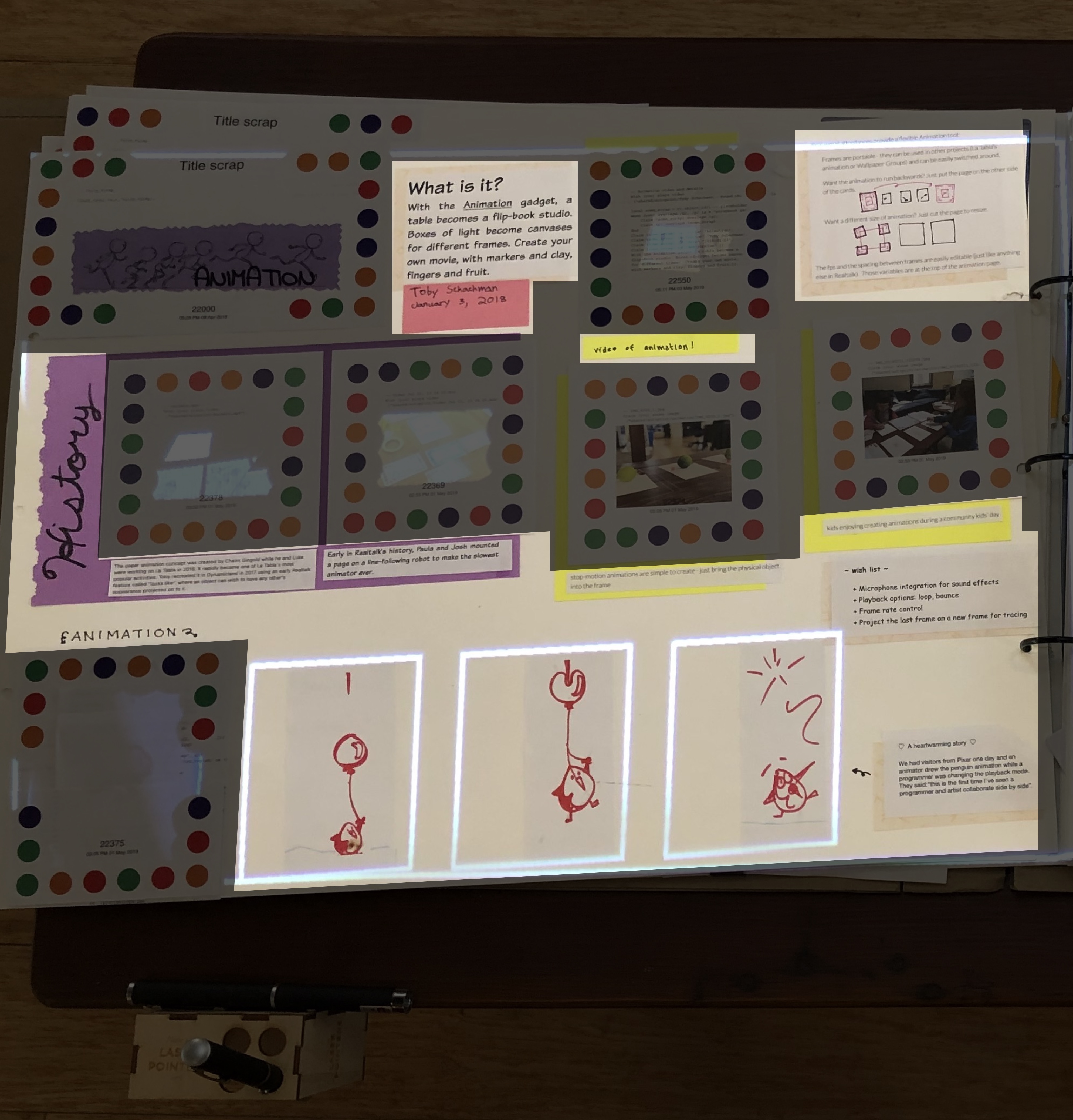 left side of prev photo of scrapbook, showing just Animation
page, and now with dotframed areas grayed out